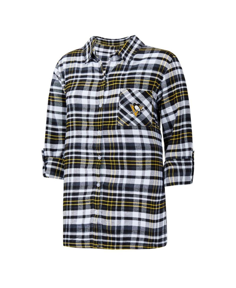 Women's Black Pittsburgh Penguins Mainstay Flannel Full-Button Three-Quarter Sleeve Nightshirt