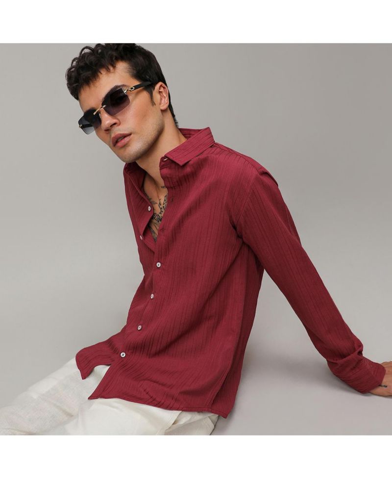 Men's Blush Red Self-Design Striped Shirt