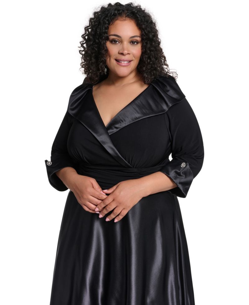 Plus Size V-Neck 3/4 Rhinestone Cuff Satin Dress