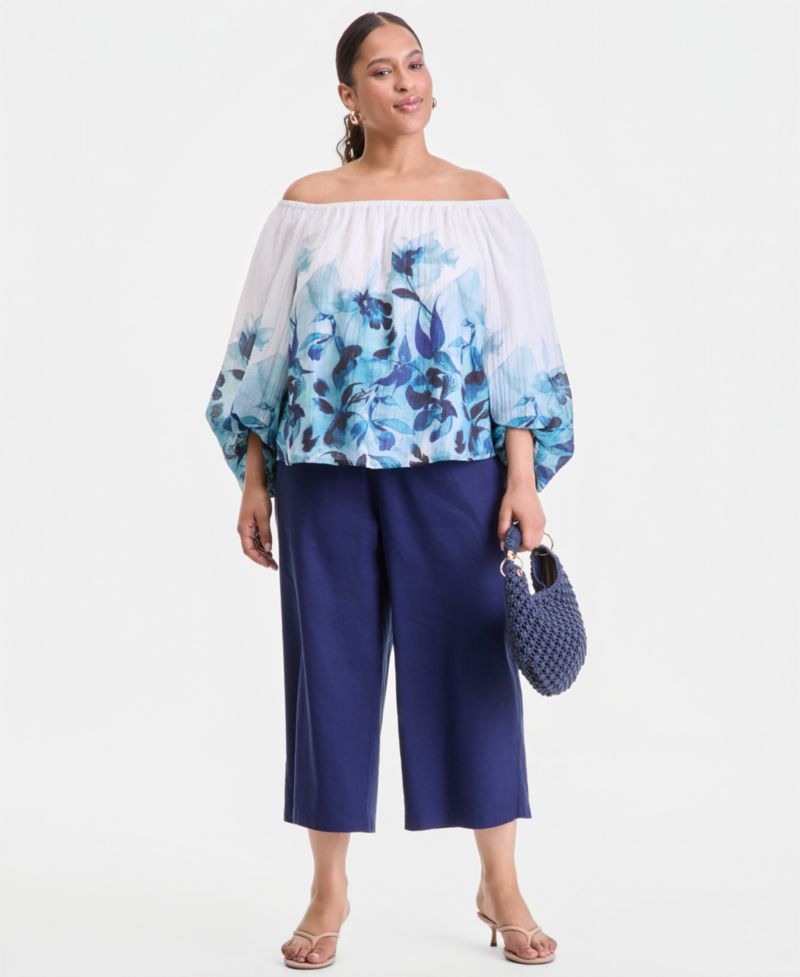 Plus Size Printed Off-The-Shoulder Puff-Sleeve Blouse