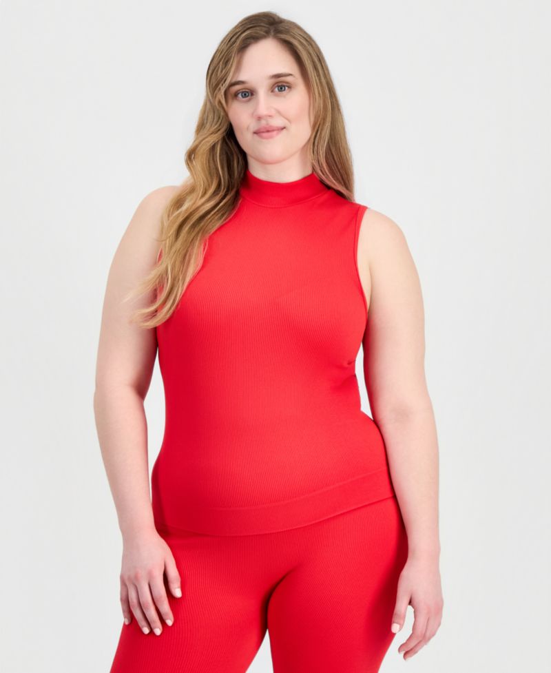 Trendy Plus Size Ribbed Mock Neck Top & Pants Set