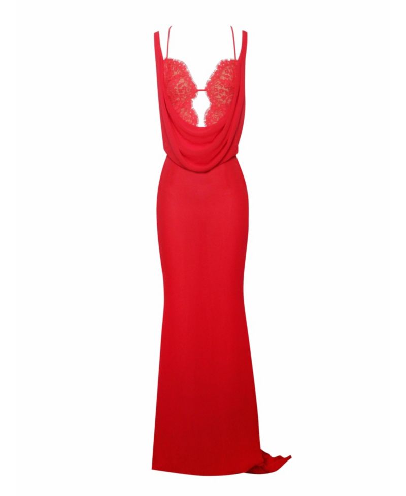 Women's Ulanda Red Chiffon Lace Backless Maxi Train Dress