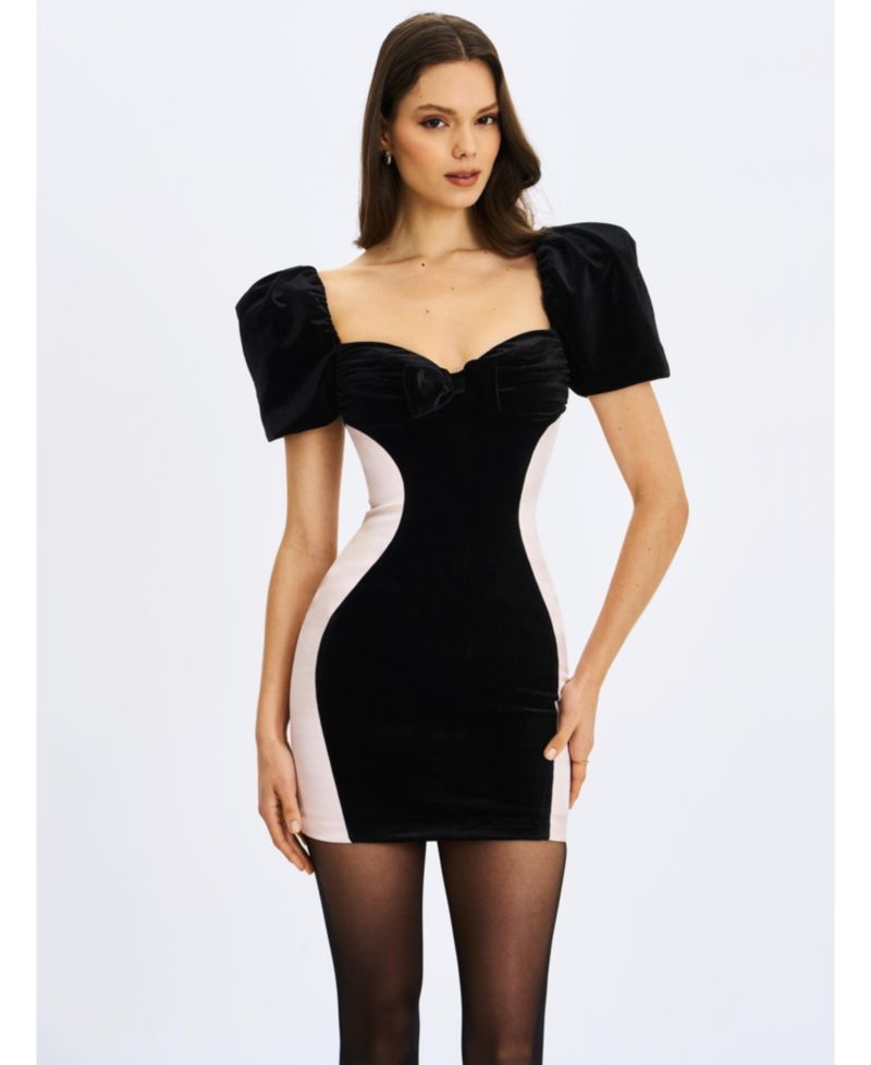Women's Nova Black Contoured Sweetheart Puff Sleeve Mini Dress