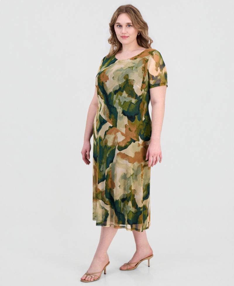 Plus Size Printed Mesh Midi Dress