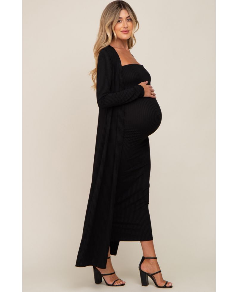 Women's Black Ribbed Sleeveless Dress Cardigan Set