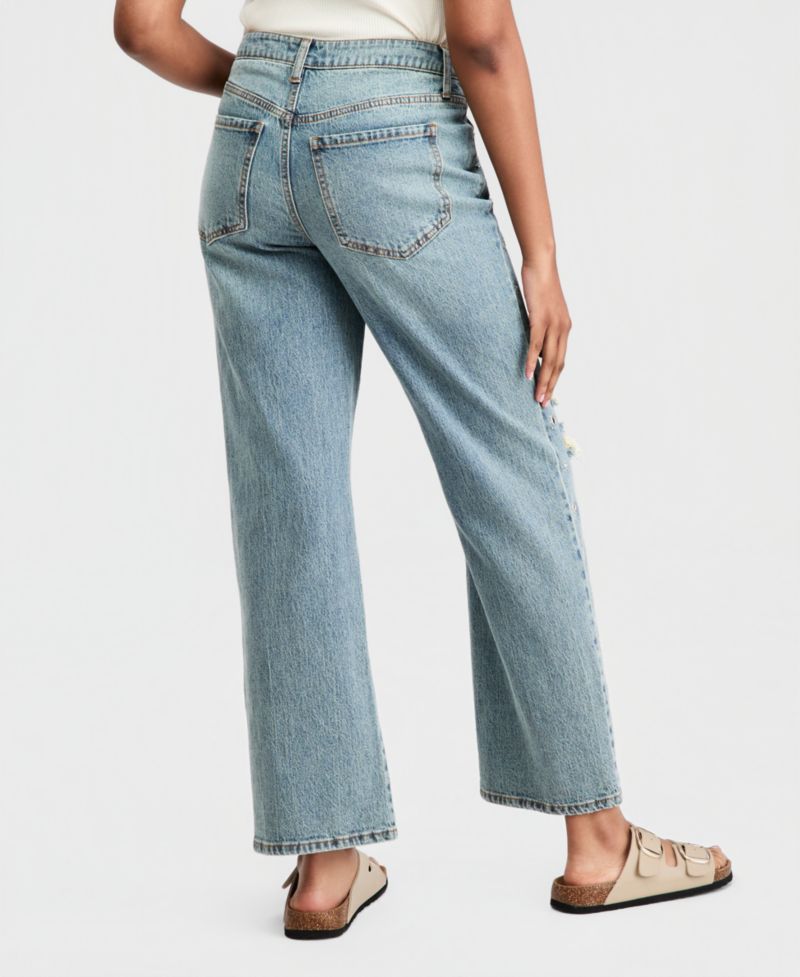 Petite High-Rise Distressed Embellished Straight-Leg Jeans