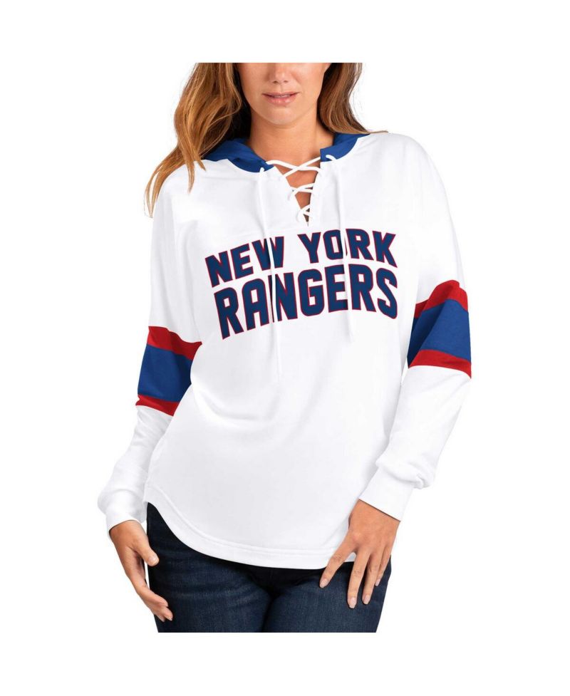 Women's White, Blue New York Rangers Goal Zone Long Sleeve Lace-Up Hoodie T-shirt