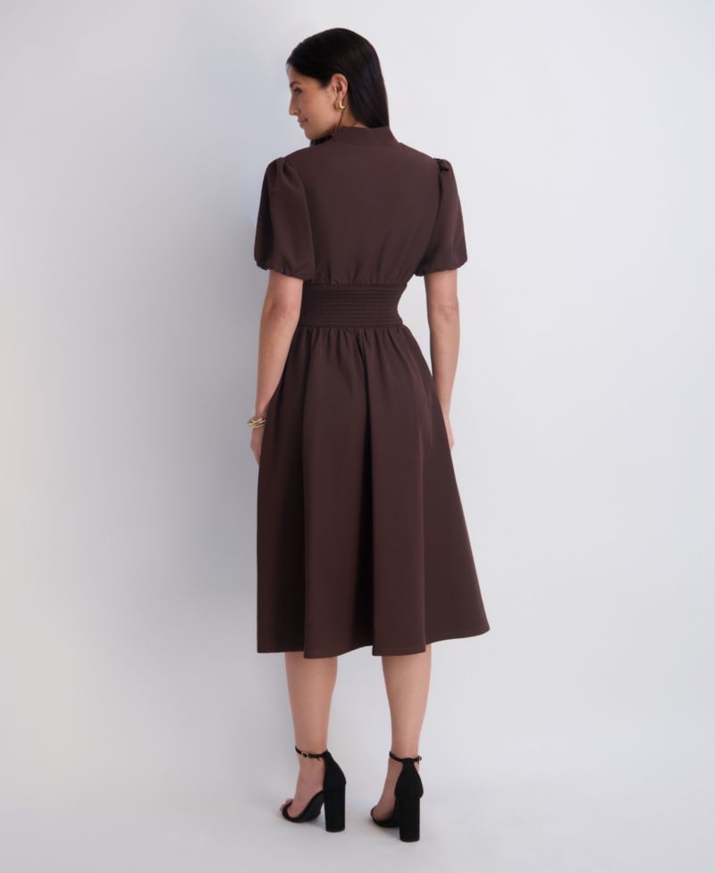 Women's Puff-Sleeve Smocked-Waist A-Line Midi Dress