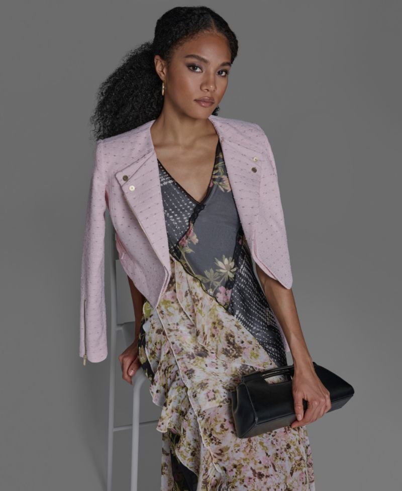 Women's Crewneck Textured Cropped Moto Jacket