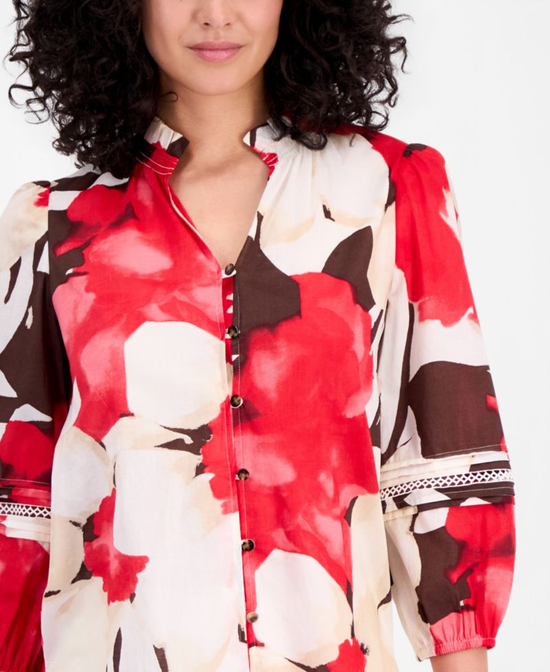 Petite Cotton Ruffled-Neck 3/4-Sleeve Blouse