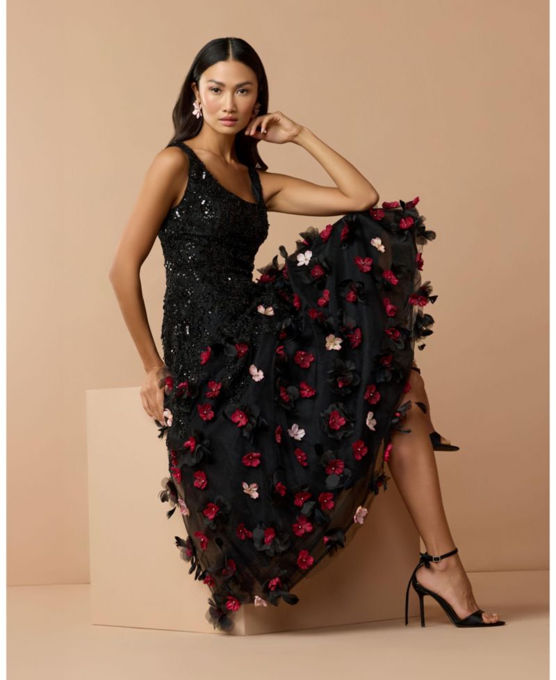Petite Sleeveless Beaded Midi Dress With 3D Flowers