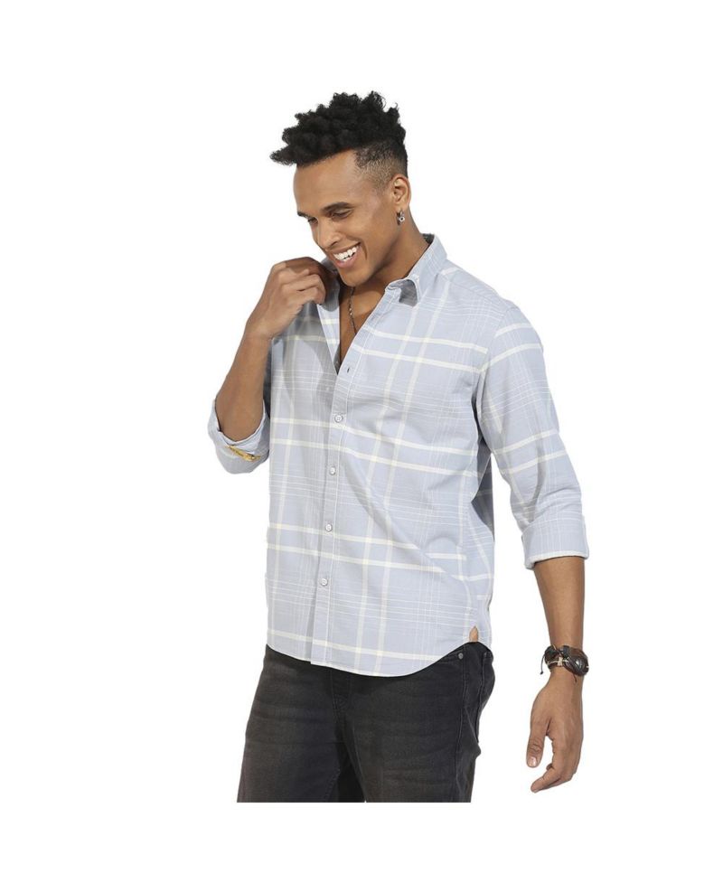 Men's Light Grey Contrast Tartan Plaid Shirt.