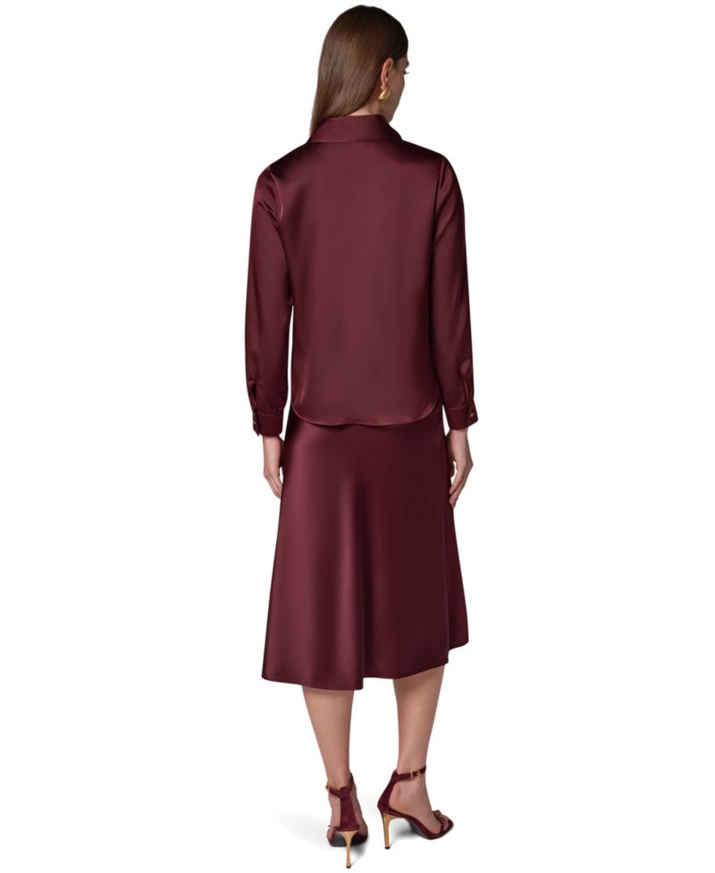 Petite Long-Sleeve V-Neck Scarf Detail Blouse