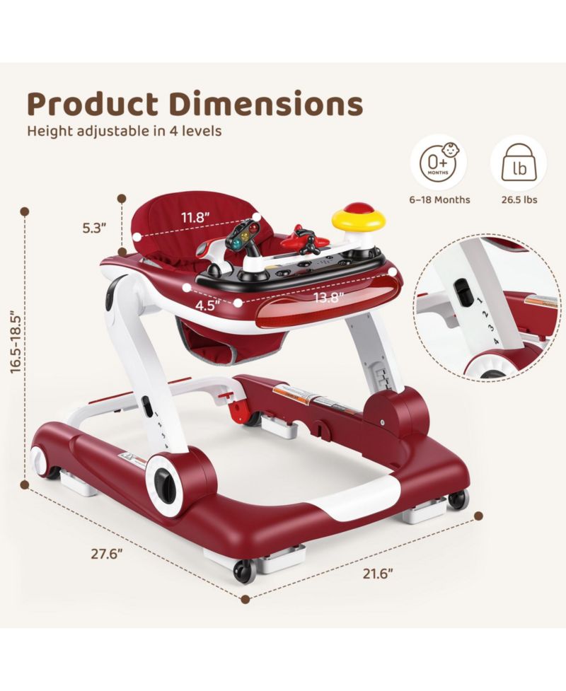 5-in-1 Baby Activity Walker with Music and Lights, Adjustable Height and Safety Bumper