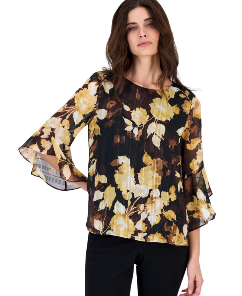 Women's Floral-Print 3/4-Length Ruffled Sleeve Chiffon Blouse