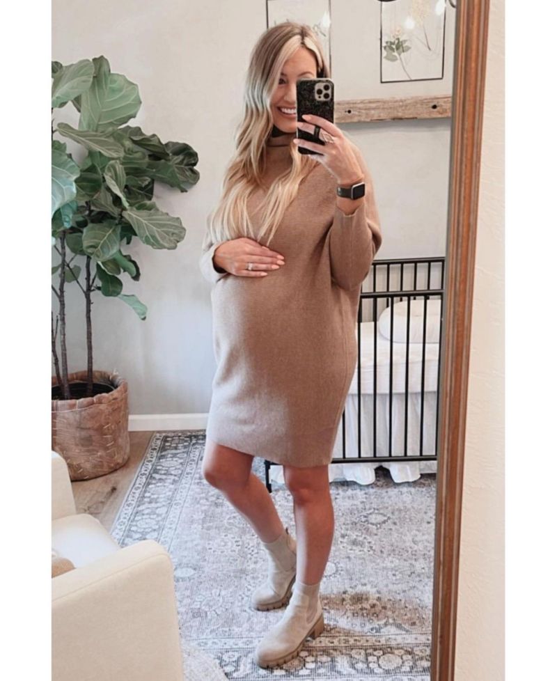Women's Taupe Funnel Neck Dolman Sleeve Mini Dress