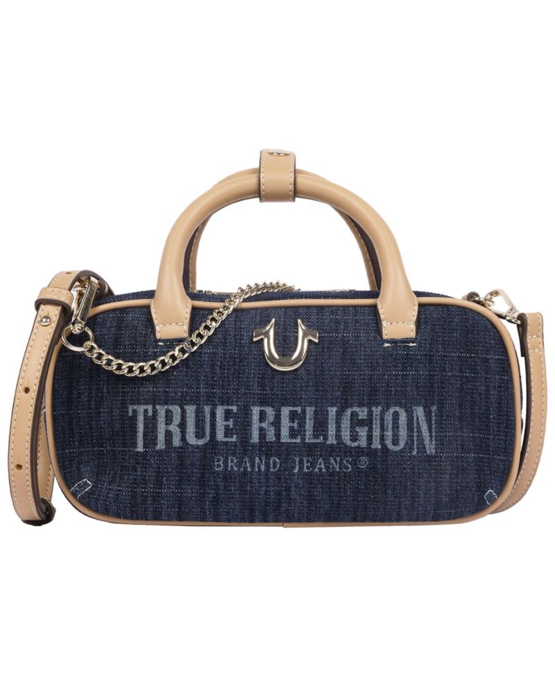 Bentley Denim and PU Mini Satchel - Women s Top Handle Crossbody Handbag with Chain Detail