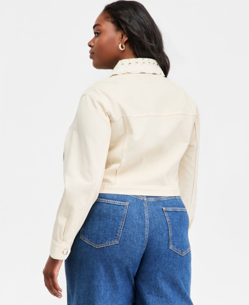 Plus Crochet Collar Cropped Denim Jacket