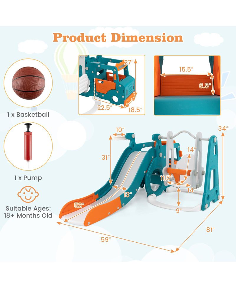Kids' 5-in-1 Slide and Swing Set with Mini Bus and Basketball Hoop