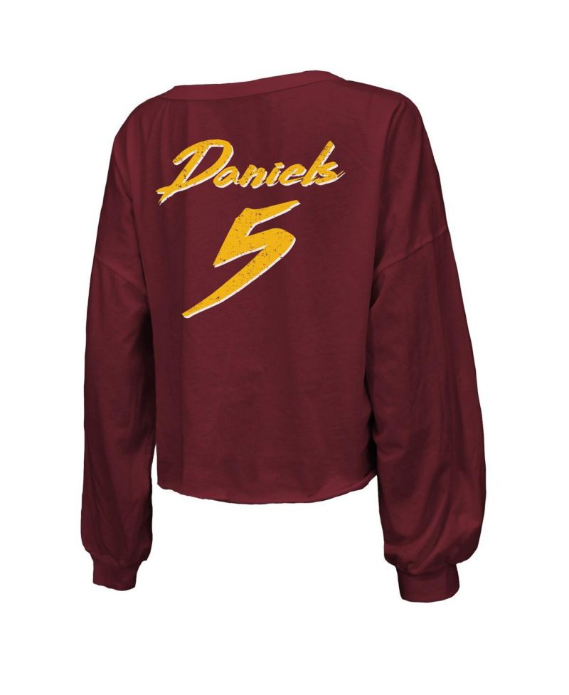 Women's Jayden Daniels Burgundy Washington Commanders Off-Shoulder Script Player Name & Number Cropped Long Sleeve V-Neck T-Shirt