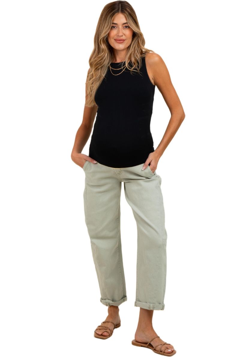 Women's Light Olive Rolled Cuff Barrel Leg Jeans
