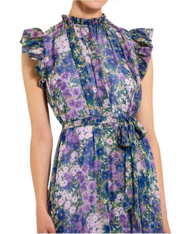 Women's Belted Floral Chiffon Ruffle Sleeve Gown