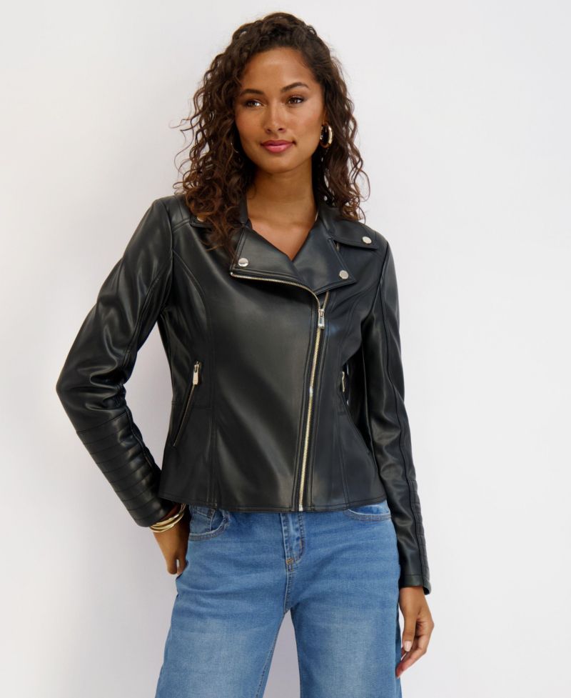 Women's Faux Leather Moto Jacket With Peplum and Quilted Details