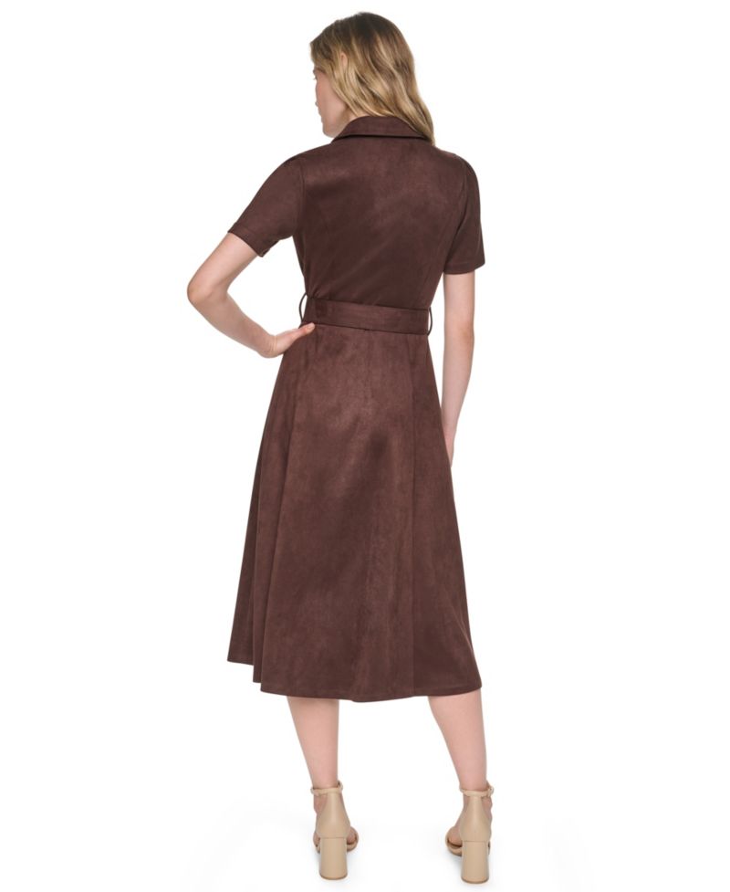 Petite Faux Suede Short-Sleeve Midi Shirt Dress