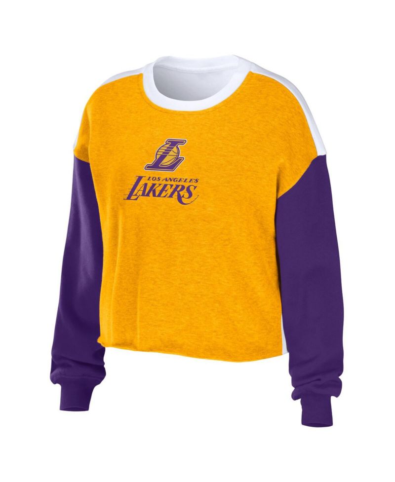 Women's Heather Gold Los Angeles Lakers Mixed Letter Cropped Pullover Sweatshirt