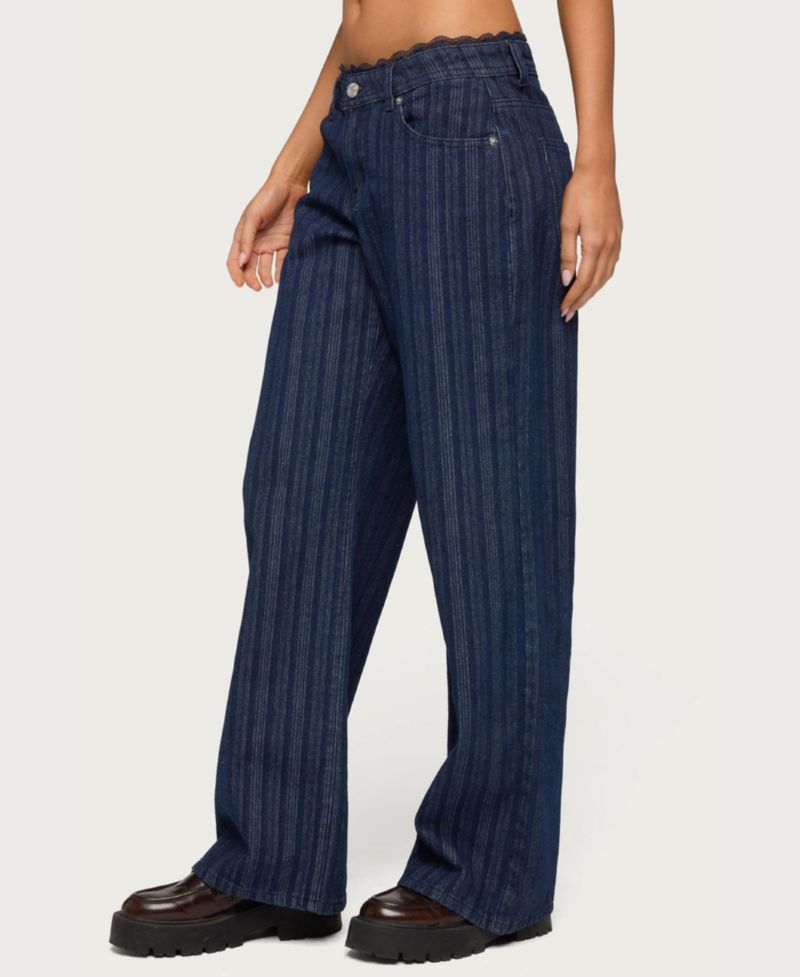 Women's Lace Trim Striped Low Rise Baggy Jeans