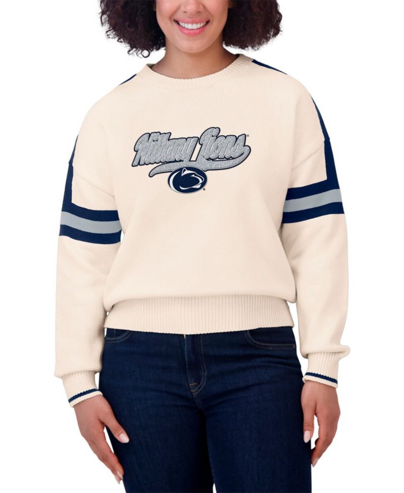 Women's Cream Penn State Nittany Lions Chenille Woven Patch Stripe Pullover Sweater