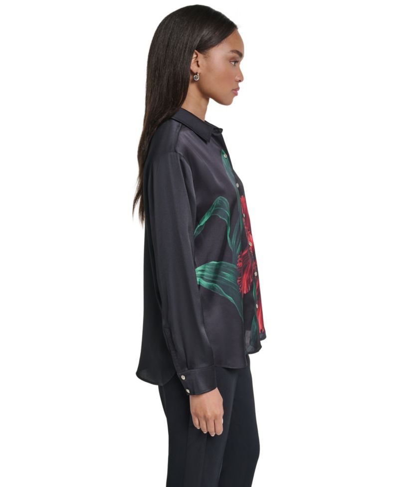 Women's Long-Sleeve Floral-Print Satin Blouse