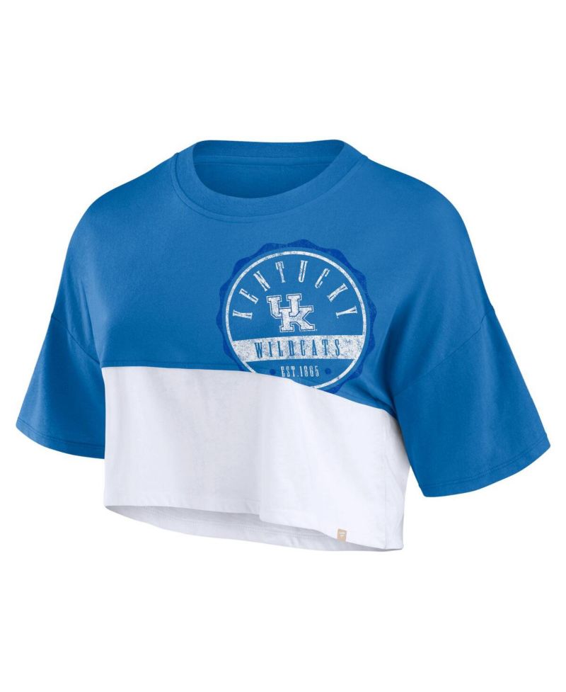 Women's Royal/White Kentucky Wildcats Oversized Badge Color Block Cropped T-Shirt