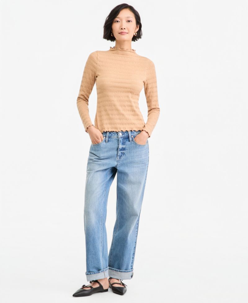 Plus Size Long-Sleeve Funnel Neck Puckered-Rib Top