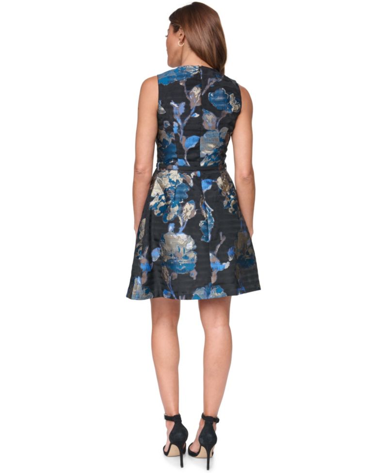 Women's Jacquard V-Neck Fit & Flare with Self Belt Dress