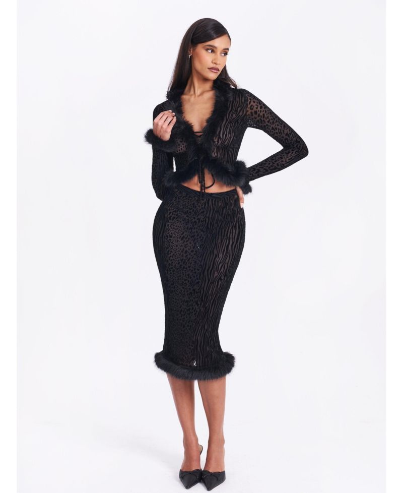 Women's Halia Black Animal Print Burnout Velvet Faux Fur Trim Skirt