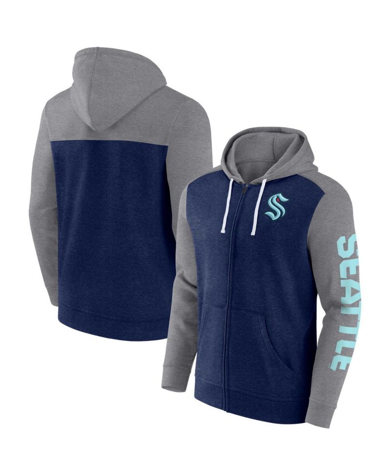Men's Heather Deep Sea Blue Seattle Kraken Down and Distance Full-Zip Hoodie