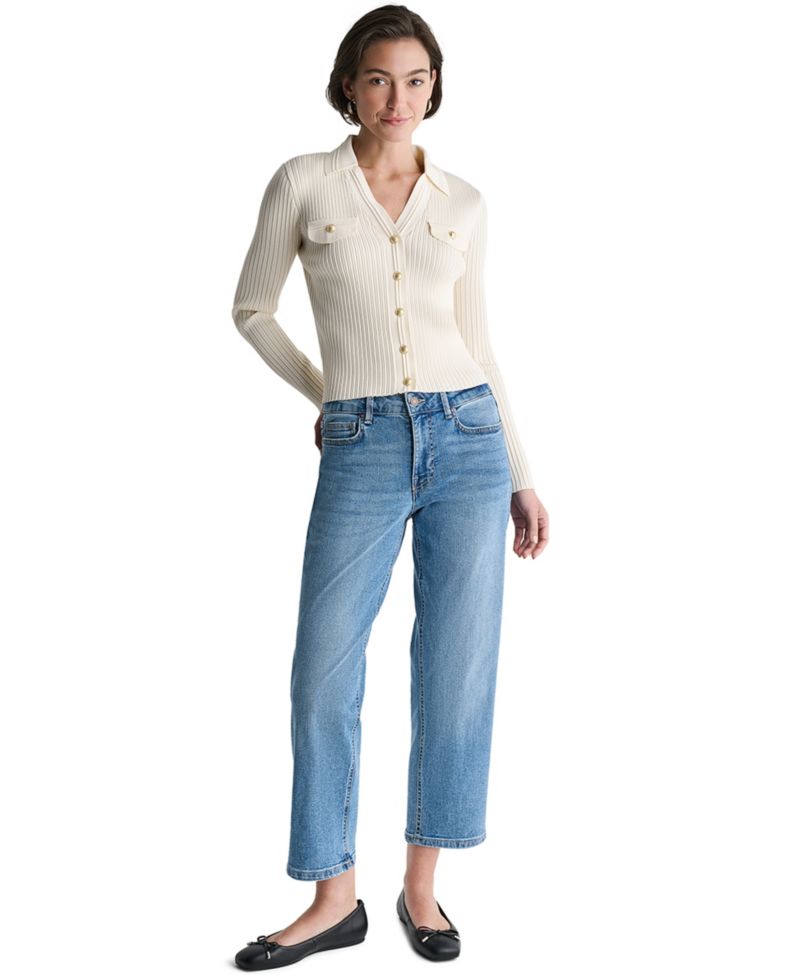 Women's Ribbed Knit Collared V-Neck Cardigan
