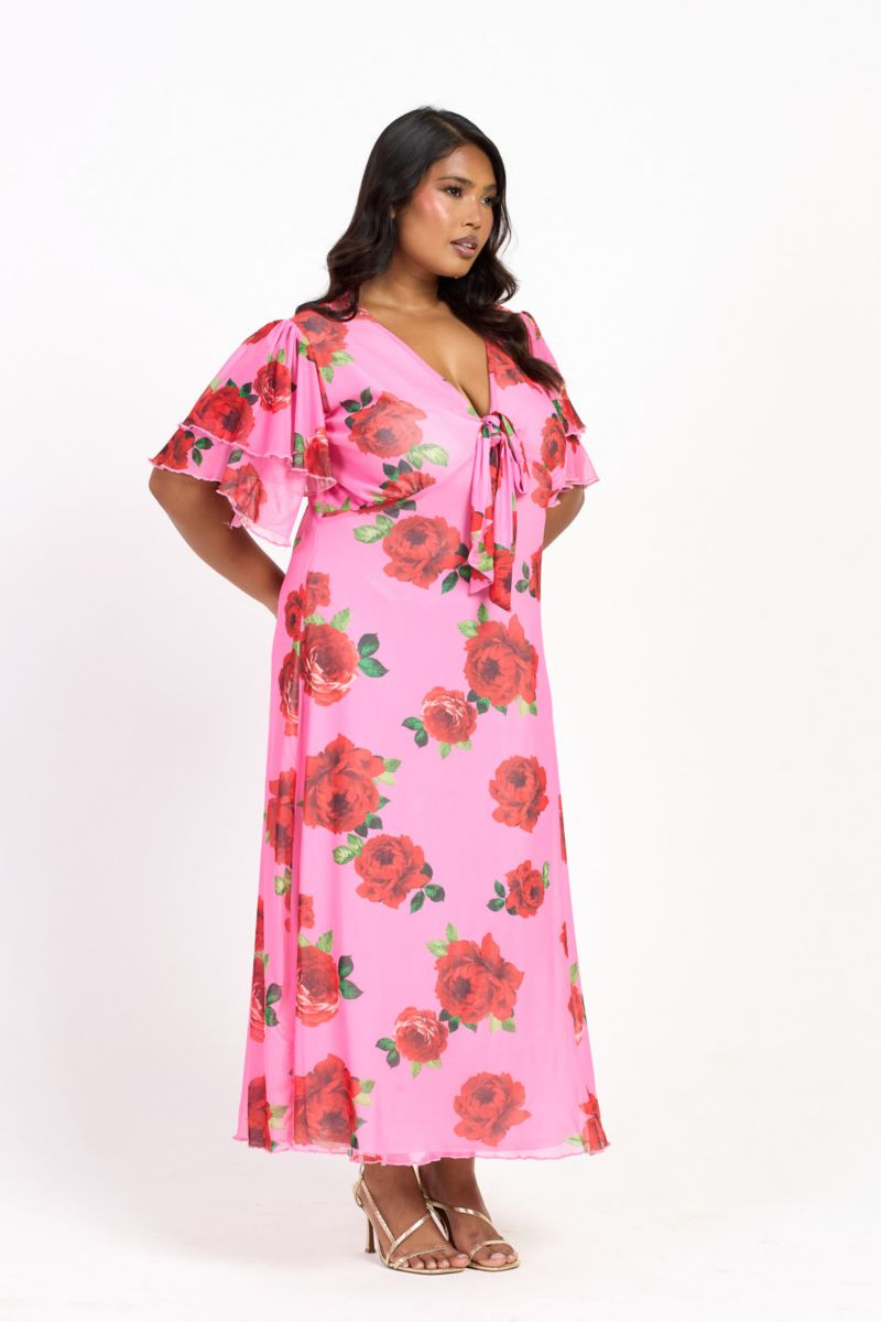 Women's Flutter Sleeve Tie Front Midi Dress