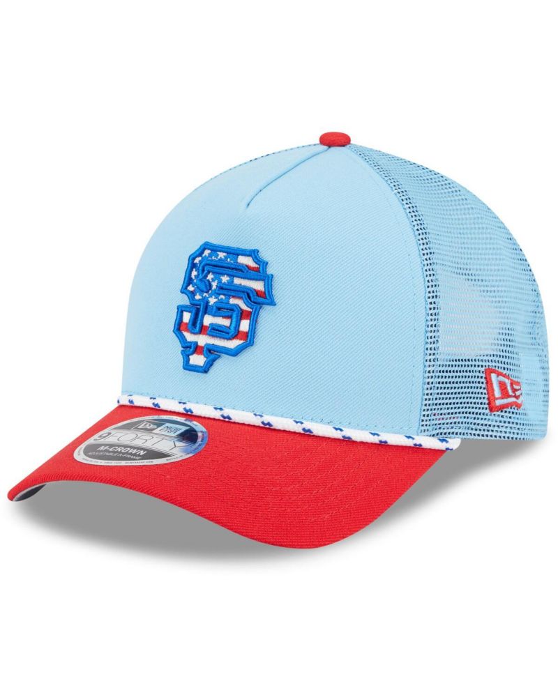 Men's Light Blue/Red San Francisco Giants 2025 Fourth of July 9FORTY A-Frame M-Crown Adjustable Trucker Hat