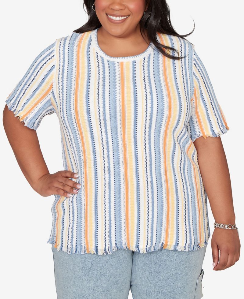 Plus Size Out of the Blue Textured Fringe Stripe T-Shirt