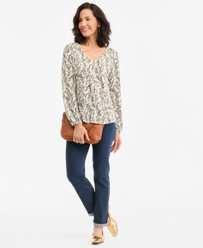 Women's Printed Pintuck V-Neck Knit Top