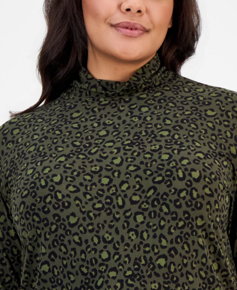 Plus Size Leopard-Print Shirred-Neck Long-Sleeve Turtleneck