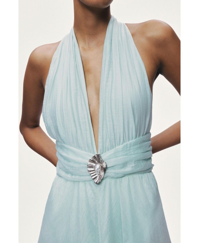 Women's Pleated Halterneck Maxi Dress with Brooch Detail