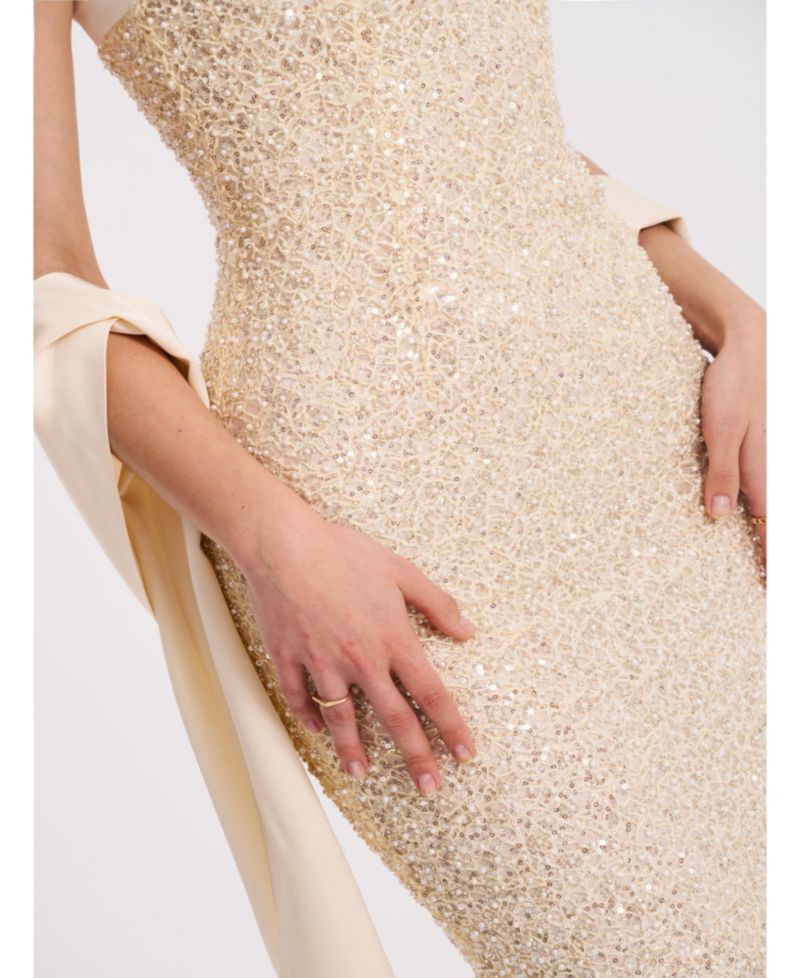 Women's Raizel Gold Beaded Sequin Bodycon Gown with Scarf