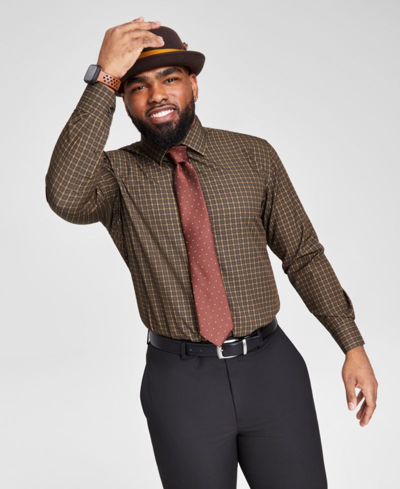 Men's Brown & Gold Slim-Fit Dress Shirt