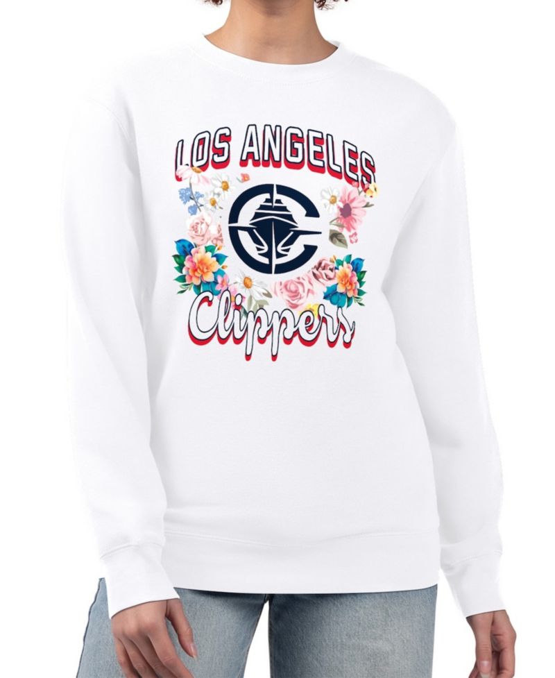 Women's White LA Clippers Flowers Team Logo Graphic Fleece Crewneck Pullover Sweatshirt