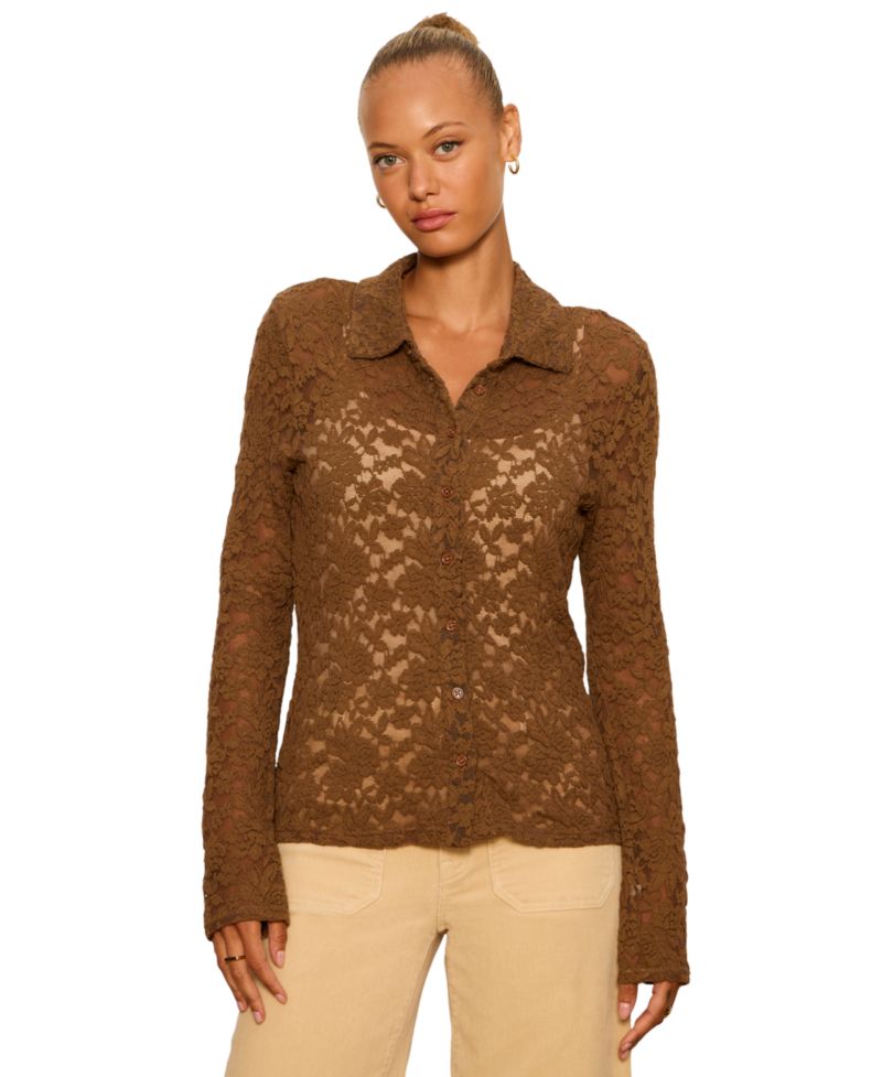 Petite Dreamer Lace Long-Sleeve Button-Up Blouse