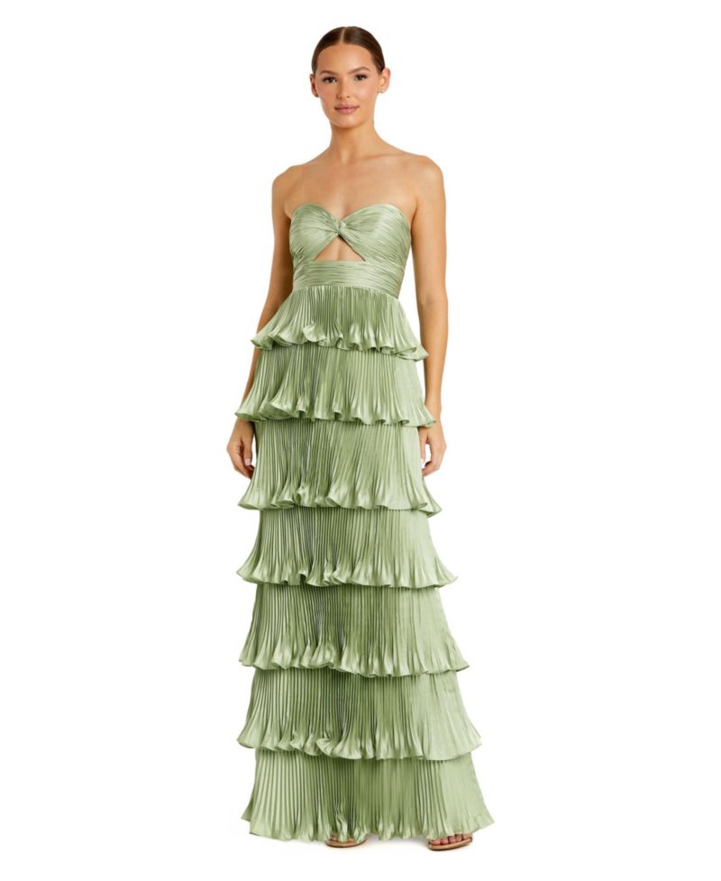 Women's Pleated Charmeuse Strapless Tiered Ruffle Gown