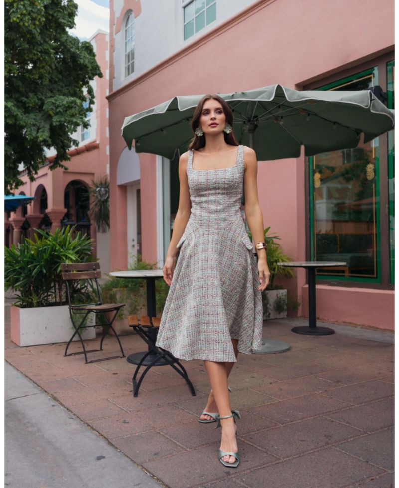 Women's Boucle Sleeveless Drop Waist Fit-and-Flare Midi Dress